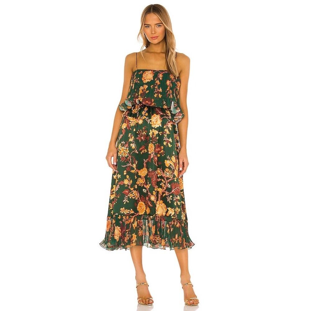 Amur Adeline Forest Green Floral Print Pleated Sleeveless Midi Dress Size 4